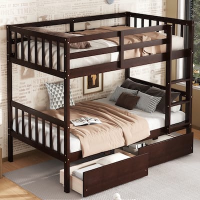 Rubber Wood Frame Bunk Beds with Wheels, Ladder and Safety Guardrails Convertible into 2 Beds - Available with Drawer or Trundle