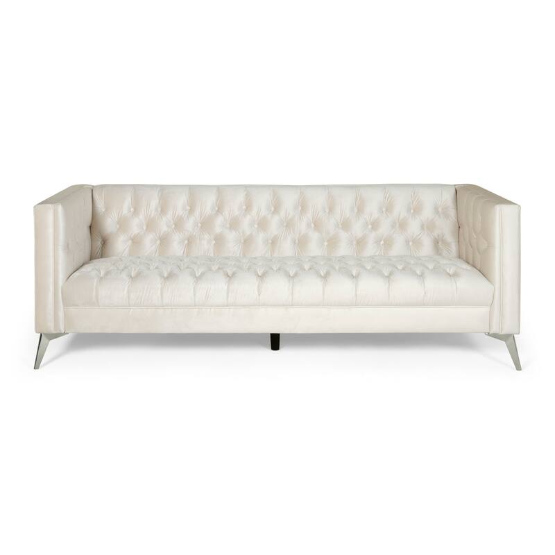 Zexy Sofa, 3 Seater Button Tufted Chesterfield Beige Velvet, Chrome
