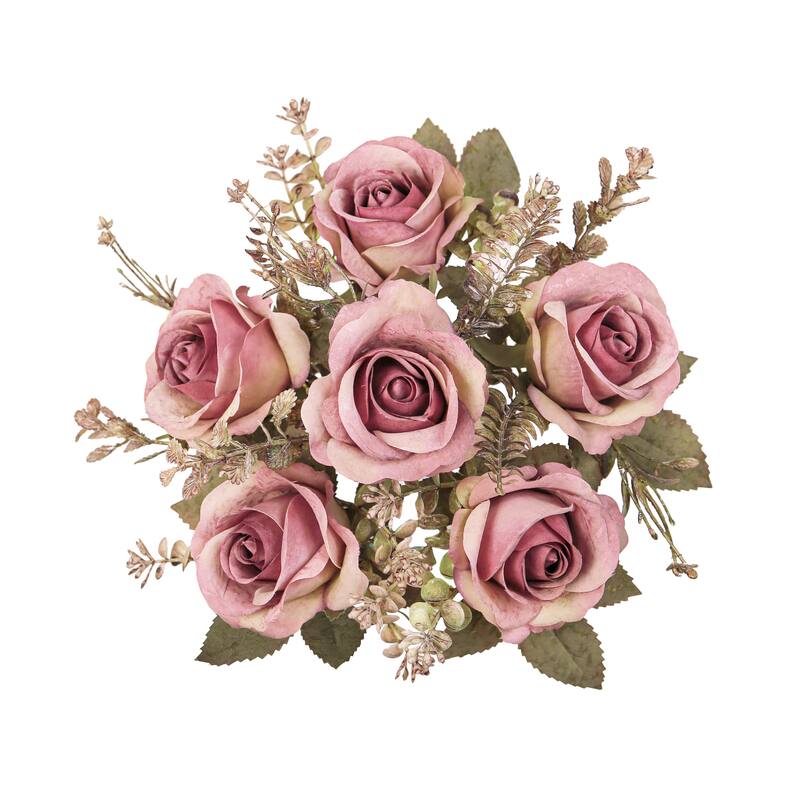Set of 2 Rose Mauve Artificial Rose Flower Stem Bush Bouquet 15in - 15" L x 8" W x 8" DP