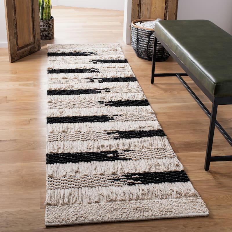 SAFAVIEH Handmade Natura Jaidyn Stripe Rug - 2'3" x 8' Runner - Ivory/Black