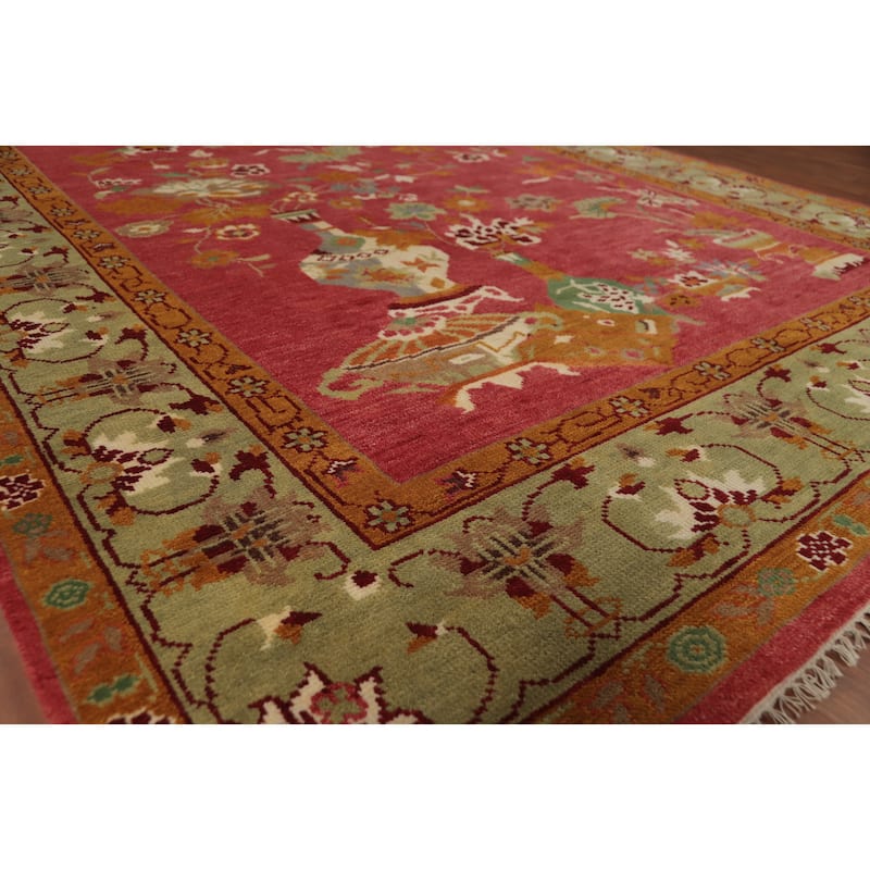 Art Deco Indian Area Rug Handmade Wool Carpet - 7'10" x 10'0" - 7'10" x 10'0" - Red