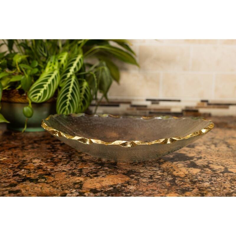 Hand Decorated Gold Leaf Edge Oval 12 x 8" Glass Serving Bowl