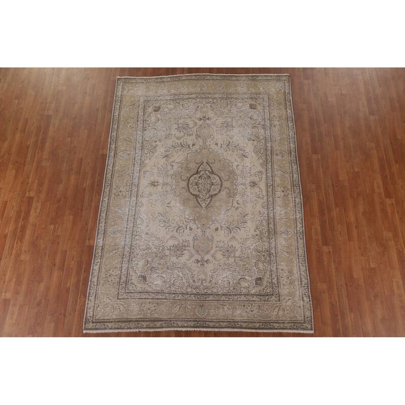 Beige Distressed Tabriz Persian Vintage Rug Handmade Wool Carpet - 6'6" x 9'3"