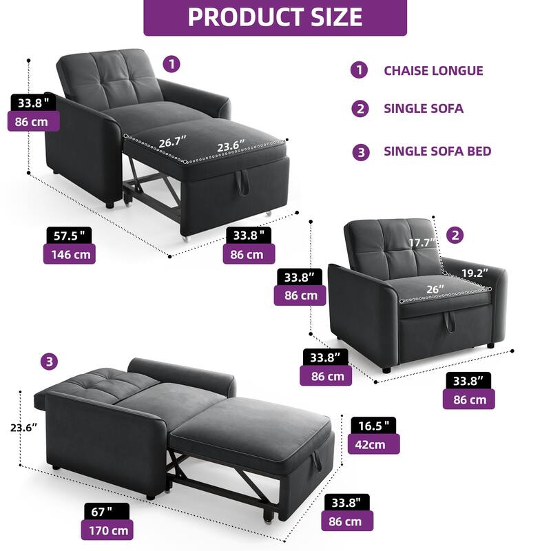 3-in-1 Sleeper Sofa Bed, Pull Out Chair Sofa For Living Room