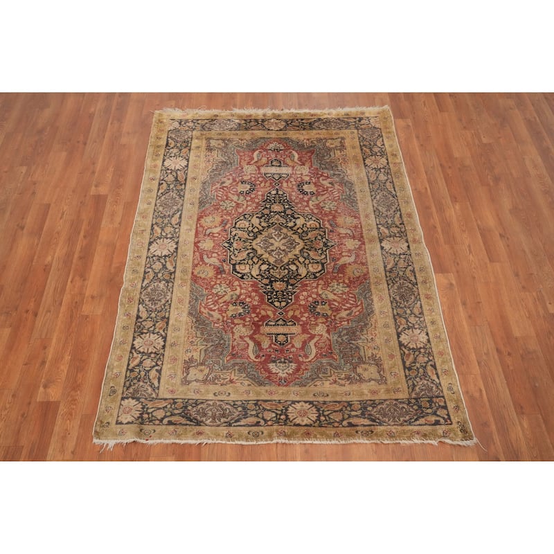 Hand Knotted Traditional Silk Orange Geometric Area Rug - 5' 9'' X 4' 2''