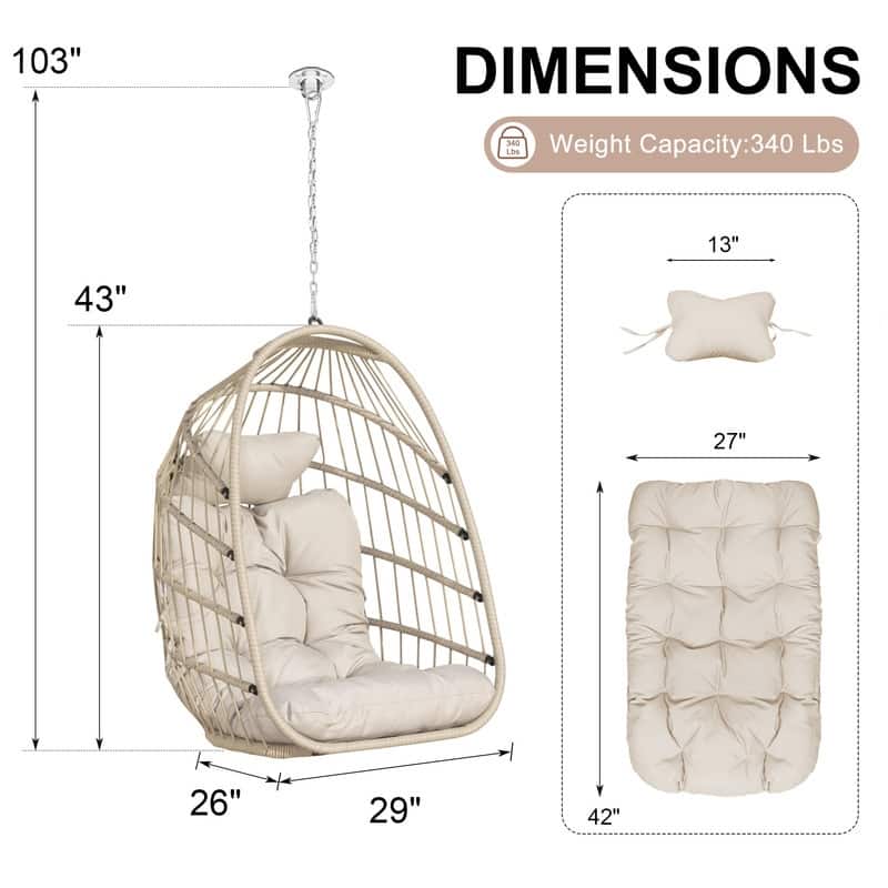 Outdoor Indoor Wicker Foldable Hanging Egg Chair Without Stand, Patio Swing Chair with Cushion, 340 lb Capacity