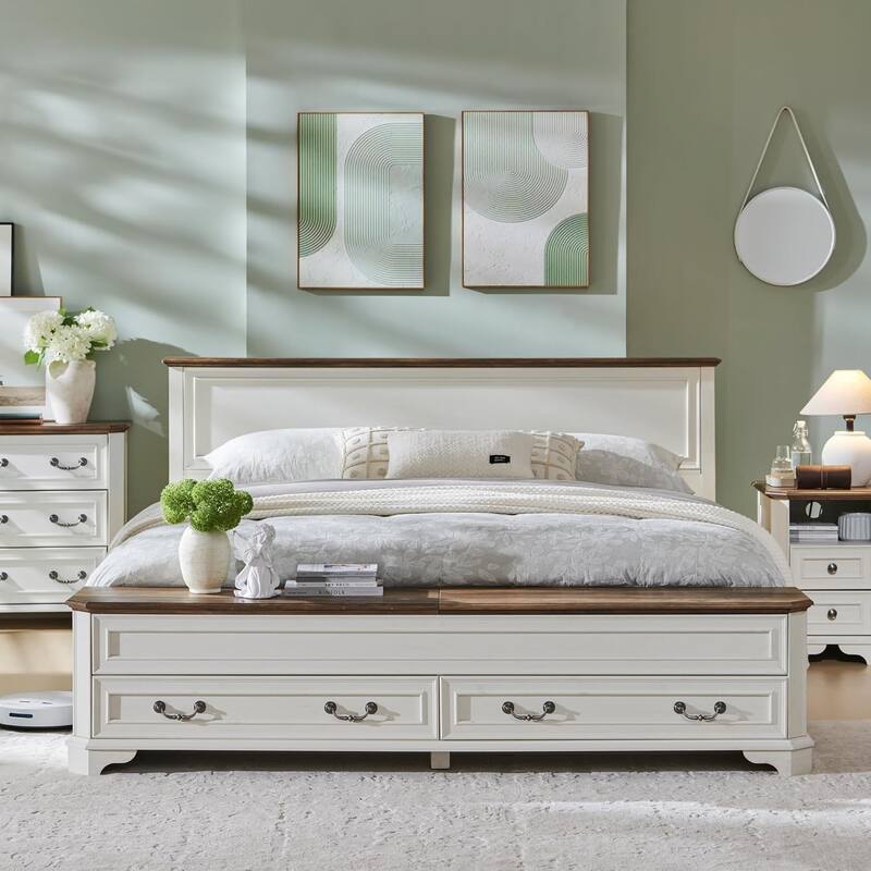 Farmhouse Bed Frame w/ Headboard & Storage Bench, Wood Platform Bed