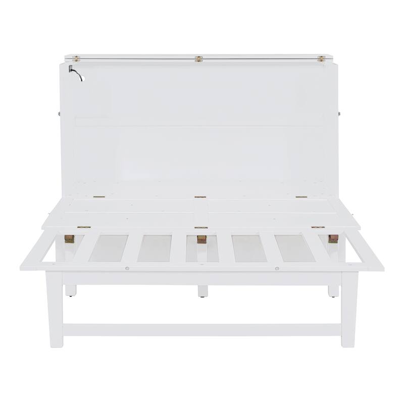 Queen Size Murphy Bed with USB Port, Solid Wood Murphy Chest Bed, Platform Murphy Bed Frame with Removable Shelves On Each Side