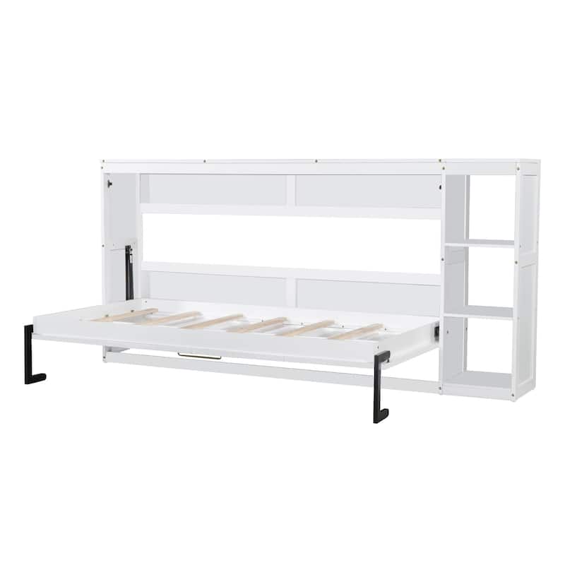 Minimalist Fold Down Bed Murphy Bed with 3 Storage Racks, Striped Decoration Wall Bed Hidden Bed for Guest Room Small Spaces