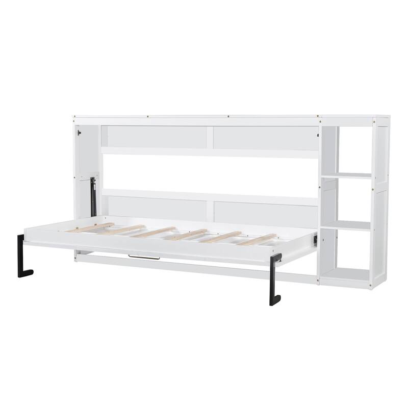 Twin Size Murphy Bed Cabinet with Bookshelf, Space-Saving Foldable Wood Wall Bed Frame w/Hidden Bed Foundation & Slats Support