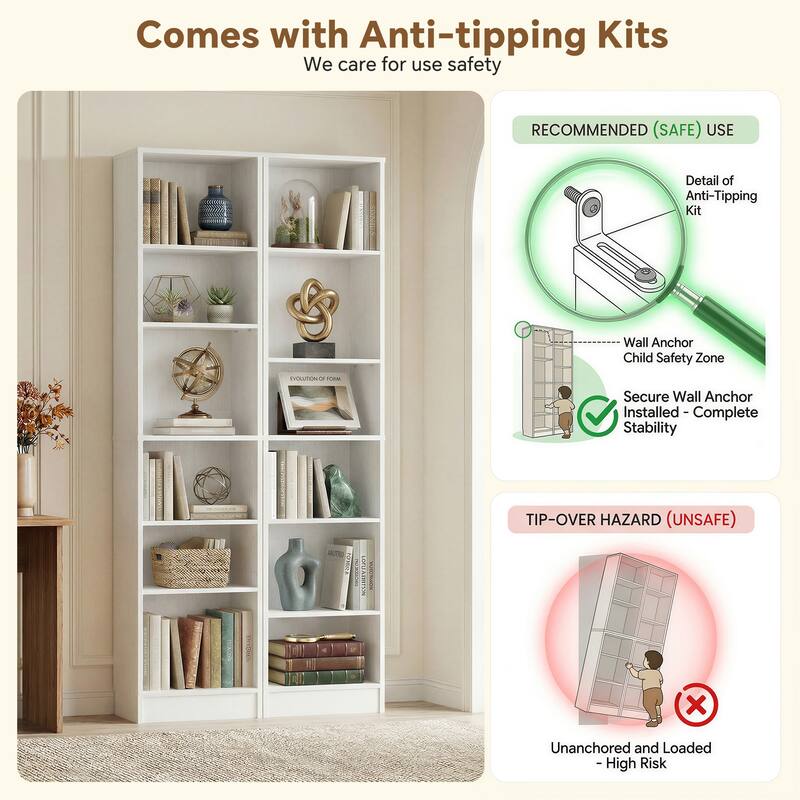 80"H Tall 6-Tier Bookcase With 2 Adjustable Shelves，Modern Open Storage Shelf for Home Office and Bedroom