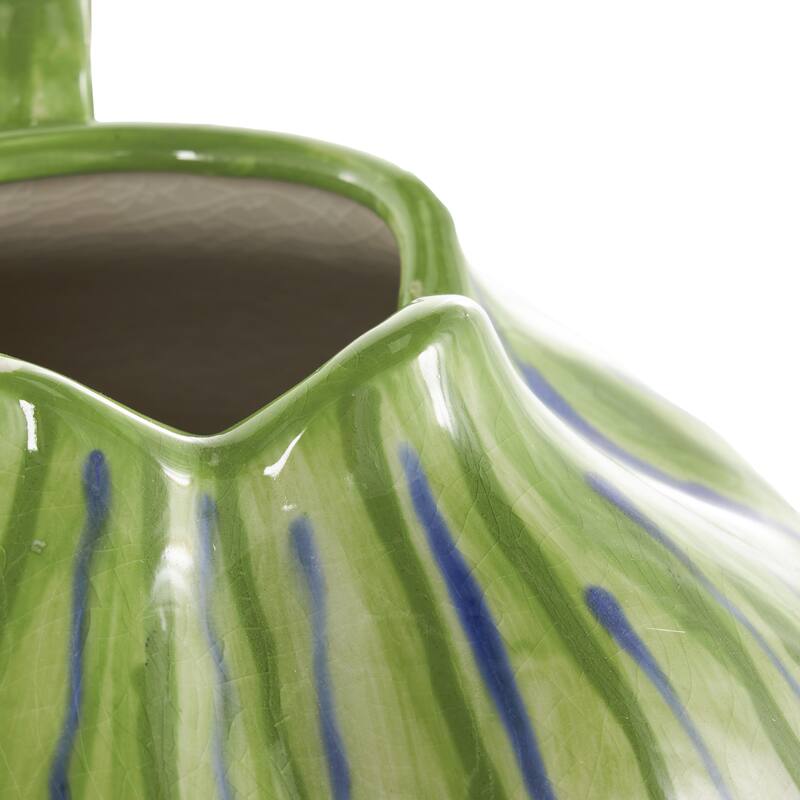 White Ceramic Abstract Decorative Vase with Green and Blue Drip Design and Handle