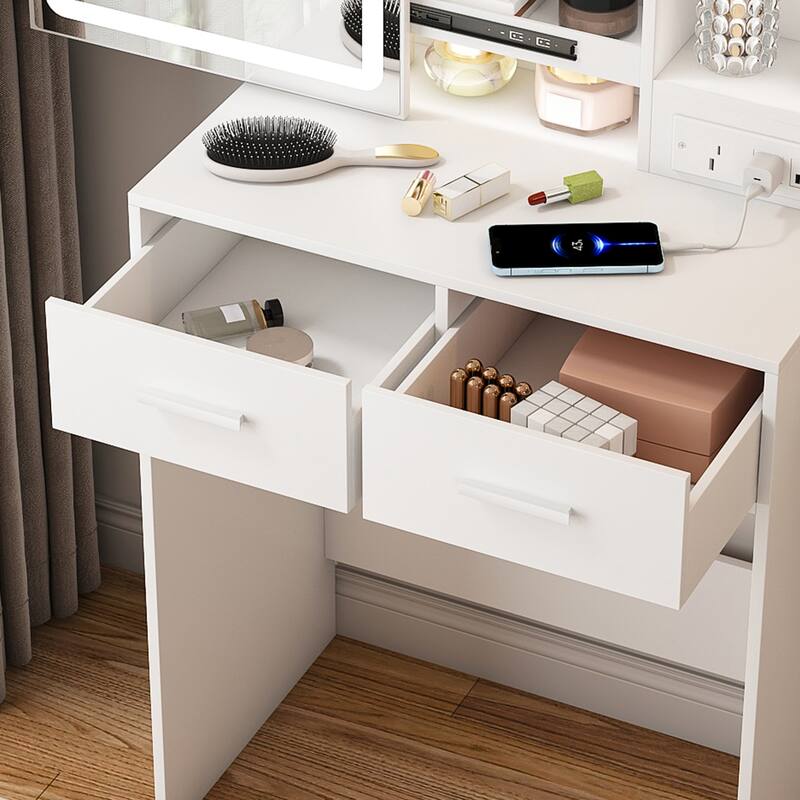 Small Makeup Vanity Desk with Mirror & Adjustable LED Lights, ,Built-in Power Outlet Vanity Table Set for Bedroom