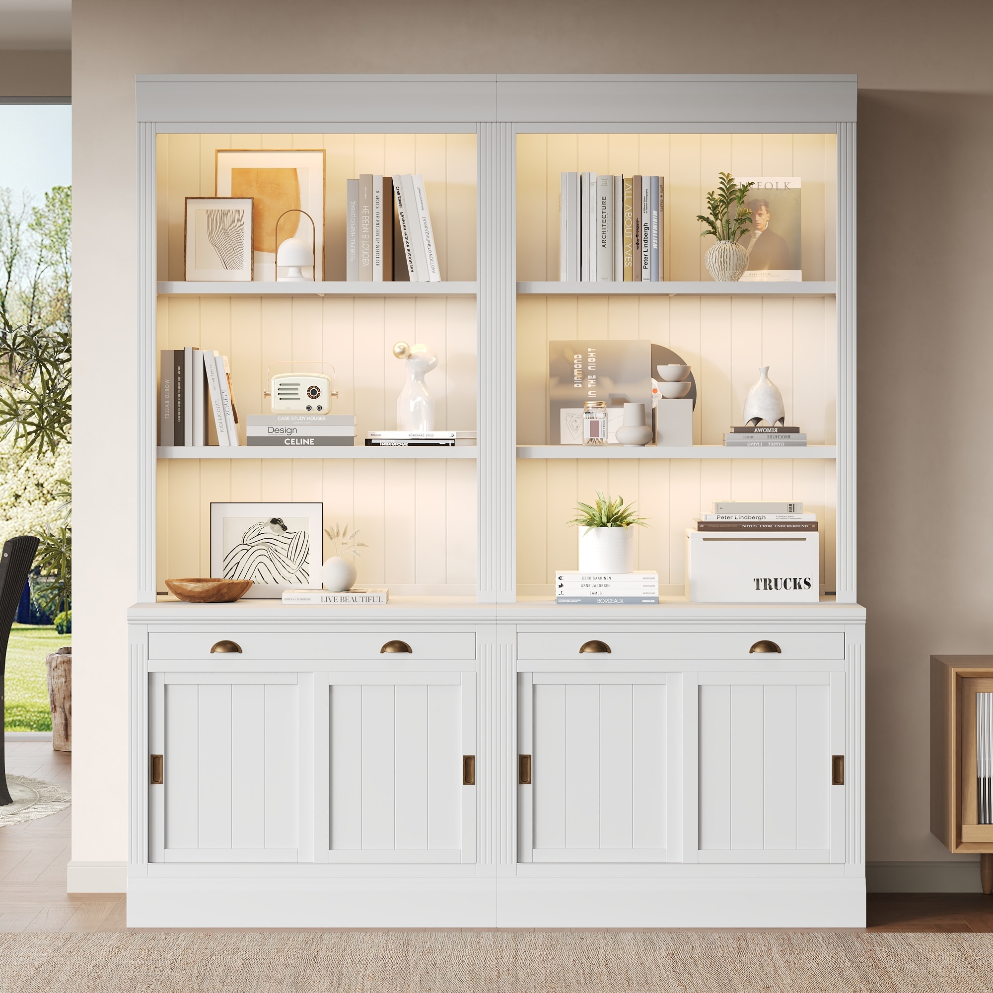 2-Piece 83.4" Tall Bookshelf with 3-Layer LED Lightings, Wood Bookcase with Sliding Doors & Open Shelves for Living Room
