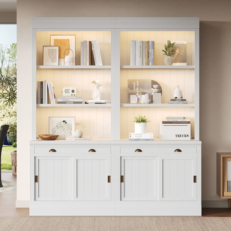 Modern Bookshelf Suite, 83.4" Wood Bookcase with Doors & Drawers, 4-Tier Large Storage Cabinet, Large LED Display Shelf - White