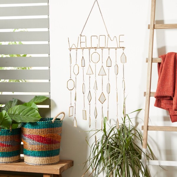 Gold Metal Welcome Sign Windchime with Mirrored Glass
