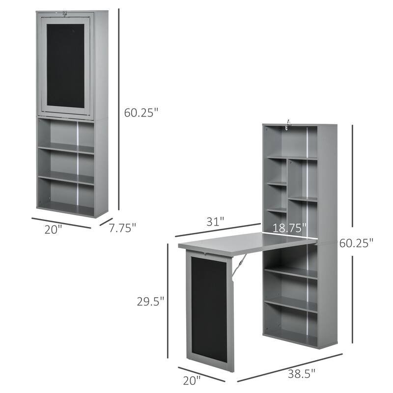 38.5" Wall-mounted Foldable Writing Desk with Blackboard & Shelf, Multi-function Home Office Desk