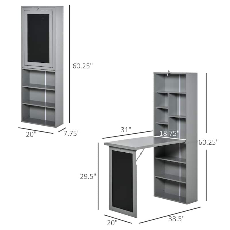 Fold-out Convertible Writing Table, Wall Mount Desk Cabinet, Home Office Desk with Side Shelf and Writing Blackboard