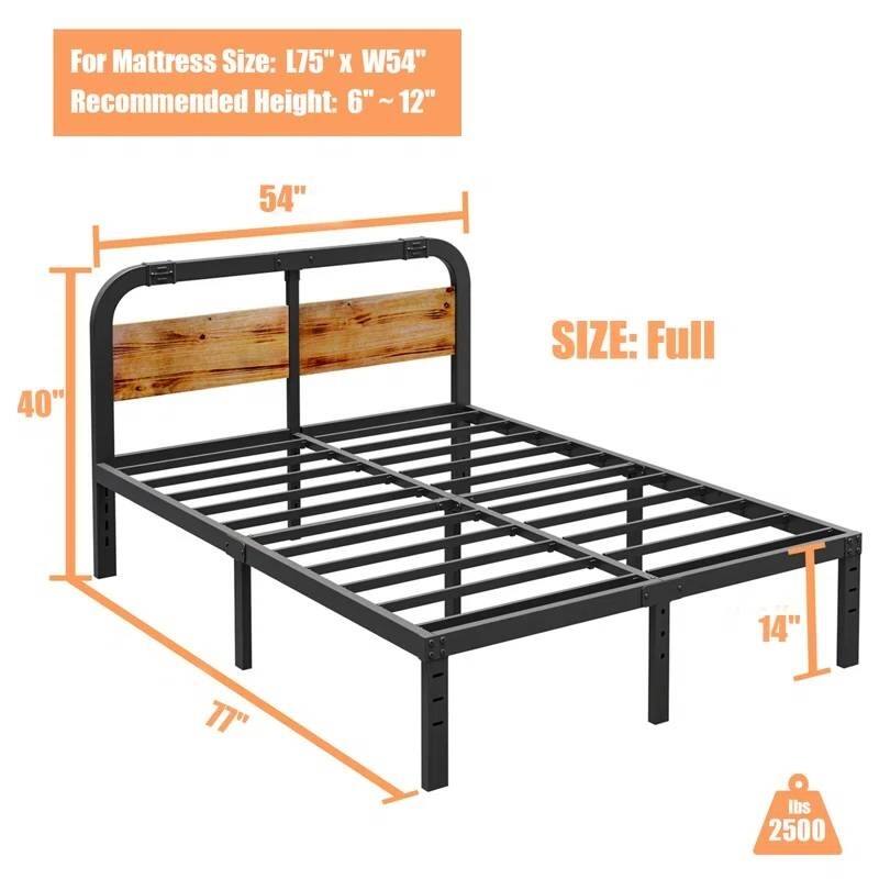 Black Metal Platform Bed Frame with Rustic Wood Headboard and Strong Steel Slats Under Bed Storage