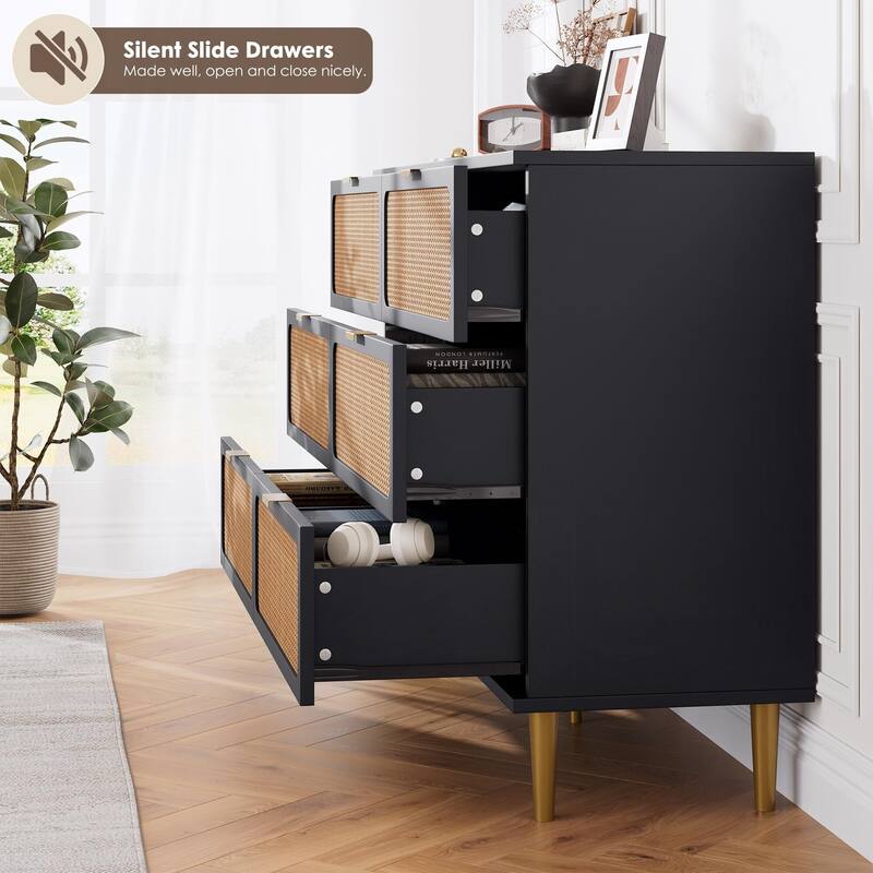 Rattan 6 Drawer Dresser for Bedroom, Large Double Dresser with Deep Drawers