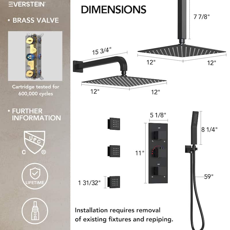 Thermostatic Faucet System 12" Dual Showerheads with 3 Body Jets and Rough-In Valve