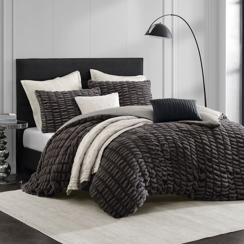 KARL LAGERFELD PARIS Ruched Faux Fur Duvet Set - Mink - Full - Queen