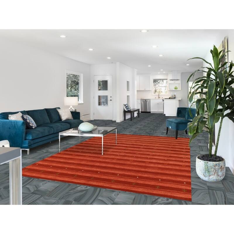 Hand Knotted Oriental 100% Wool Carpet Tribal Stripe Oranges & Rust Gabbeh Area Rug - 9' 9'' X 6' 9''