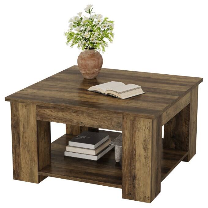 31.5" Wooden Square Coffee Table, 2-Tier Center Table with Storage