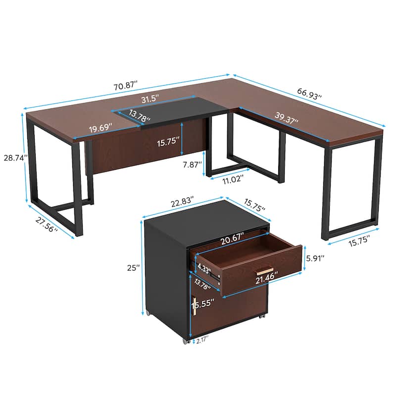 70.8’’ Executive Desk with File Cabinet, Large L-Shaped Office Executive Desk Computer Desk