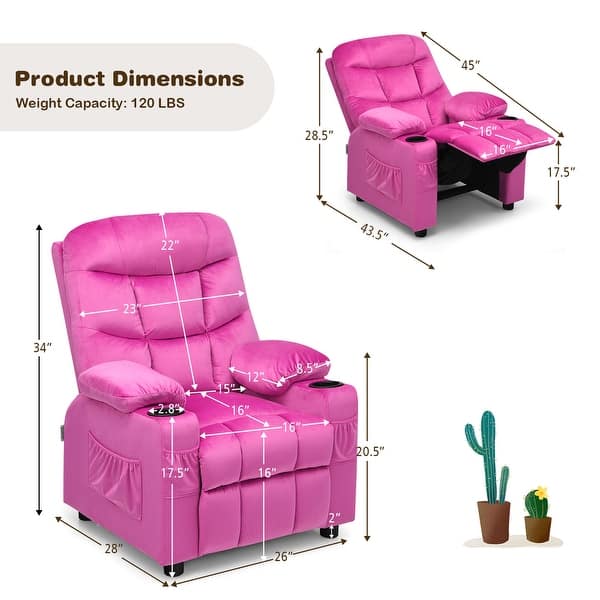 dimension image slide 0 of 4, Gymax Kids Youth Recliner Chair Velvet Fabric w/Cup Holder & Side