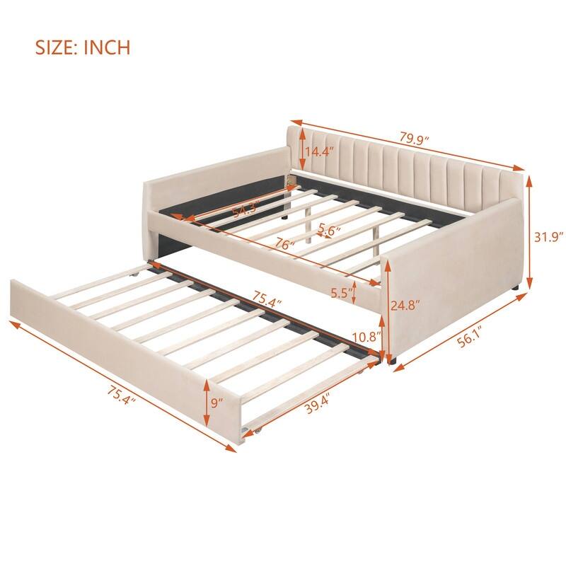 Full Size Daybed with Trundle,Upholstered Day Bed Frame Velvet Sofa Beds with Vertical Channel Tufted