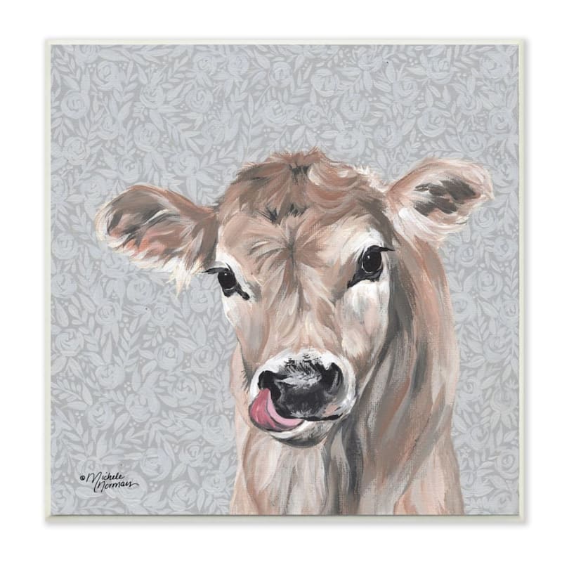 Stupell Young Calf Portrait Floral Pattern Farm Animal Wood Wall Art ...