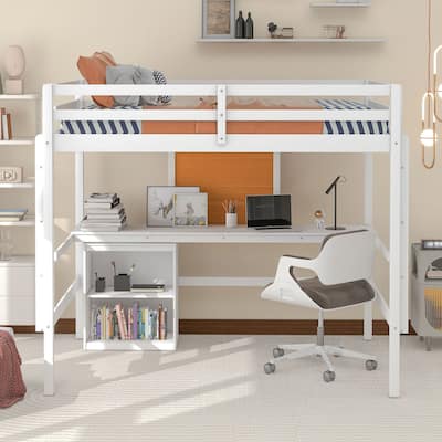 Full Size Loft Bed with Desk, Storage & 2 Drawers, Wooden Frame