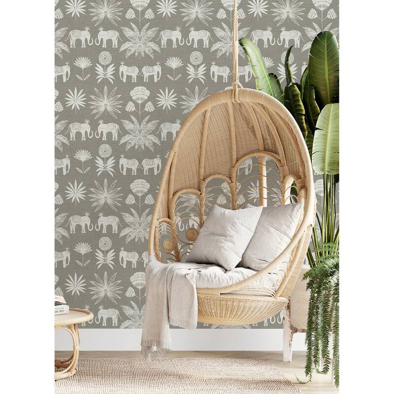 A-Street Prints Bazaar Grey Elephant Oasis Wallpaper