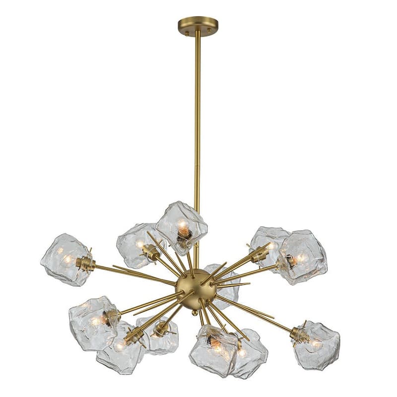 12-Light Sunburst Clear Glass Ice Shade Chandelier Brushed Brass