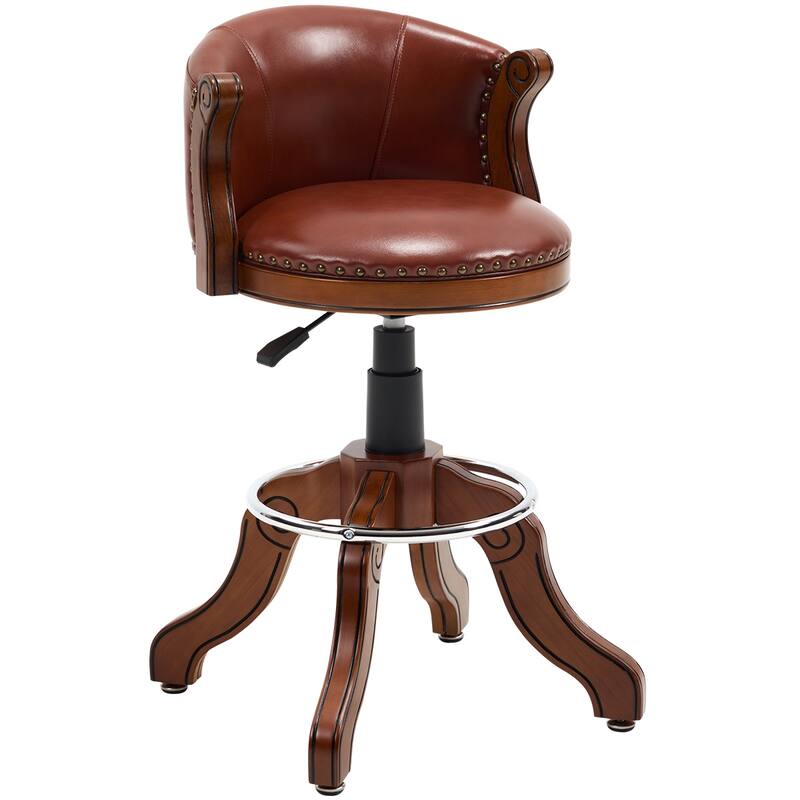 Adjustable Height Cow Print Leather Swivel Bar Stool with Back, Wooden Frame, Bar Height, Brown