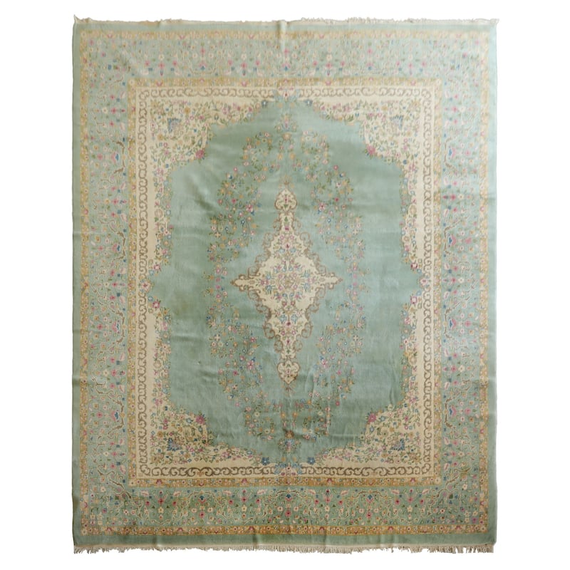 12x15 Hand Knotted Silk Sea Foam Plush Pile Kerman Traditional Rug - 12' x 15'