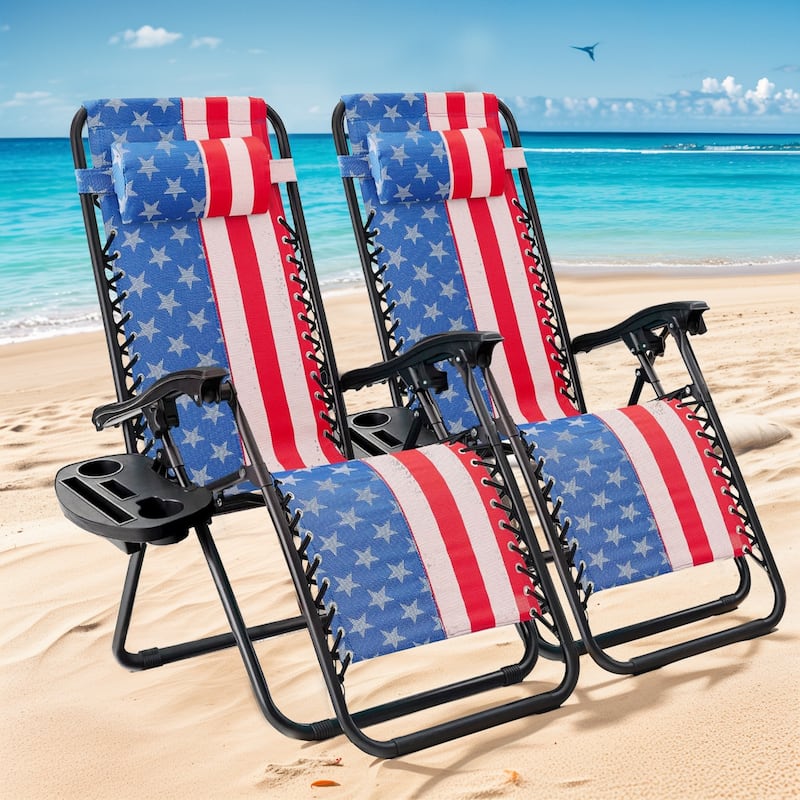Set of 2 Zero Gravity Recliner Lounge Chairs with Cup Holders, Folding Patio Camping Beach Chairs for Outdoor Relaxation