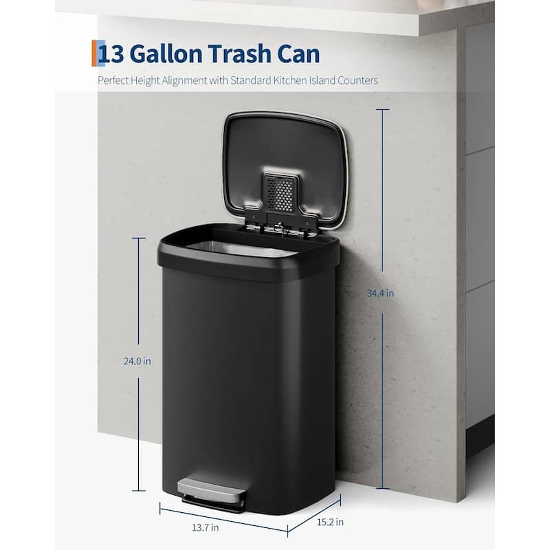 13 Gallon Step-On Kitchen Trash Can, Rustproof Plastic Garbage Bin with Soft Close Lid