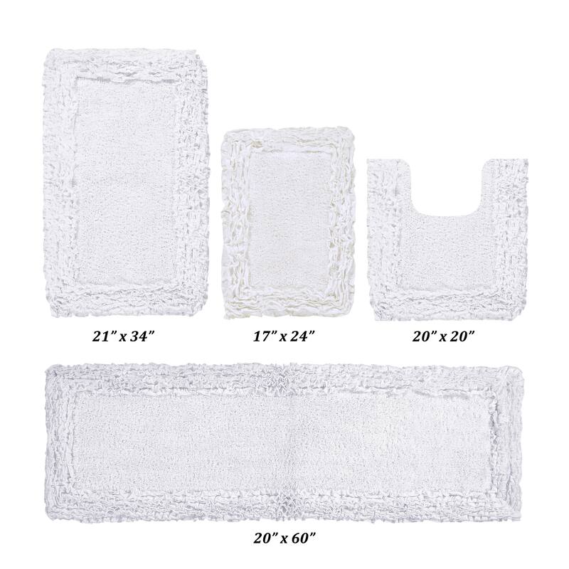 Better Trends Shaggy Border Collection Bathroom Rug -100% Cotton Tufted, Non-Skid Spray Latex Backing, Machine Washable Bath Mat - 4 Piece Set 17"x24" | 20"x20" | 21"x34" | 20"x60" - White