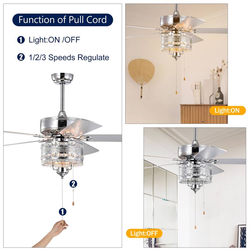 Classic Crystal Ceiling Fan Light with 5 Blades and Speed Adjustment, Reversible Motor for Bedroom and Living Room
