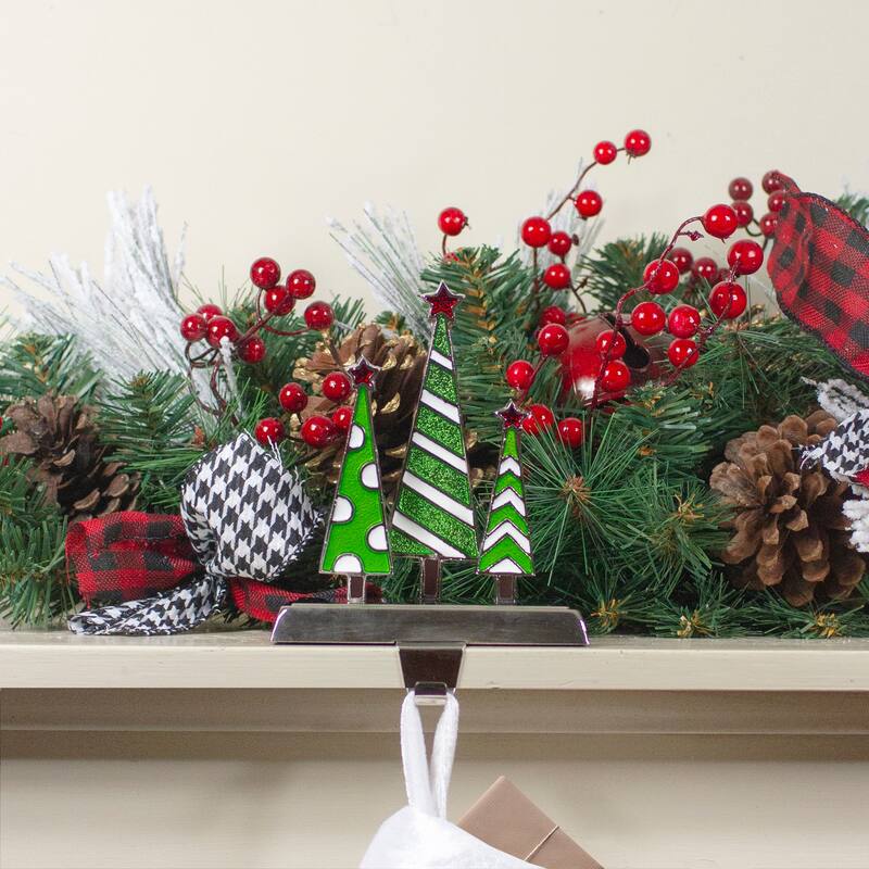7" Silver Green and White Christmas Tree Trio Stocking Holder