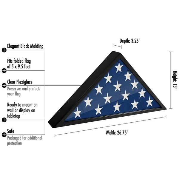 dimension image slide 1 of 5, Americanflat Veteran's Flag Case Display Frame - Small & Large Fit Folded Flags Sized 3'x5' Or 5'x9.5'- Black & Mahogany Finish