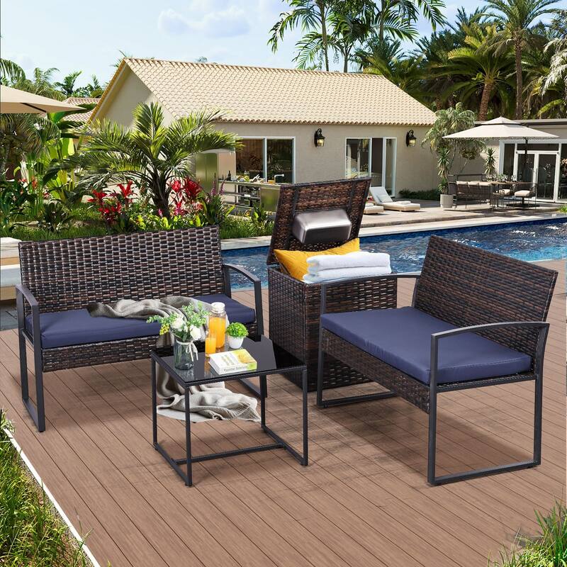 4-Piece Wicker Outdoor Sofa Set, 2 Loveseats, 1 Table, 1 Ice Bucket - Brown/Blue