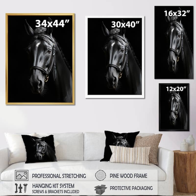 Designart "Black And White Horse Elegance" Animals Horse Framed Wall Decor
