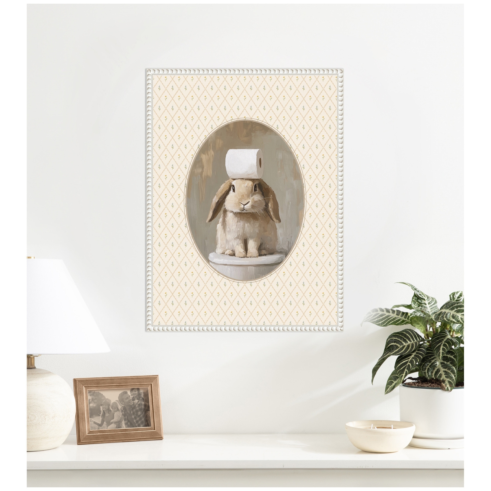 Kate and Laurel Cute Bunny Toilet Paper Bathroom by The Creative Bunch Studio Framed Canvas Wall Art Print