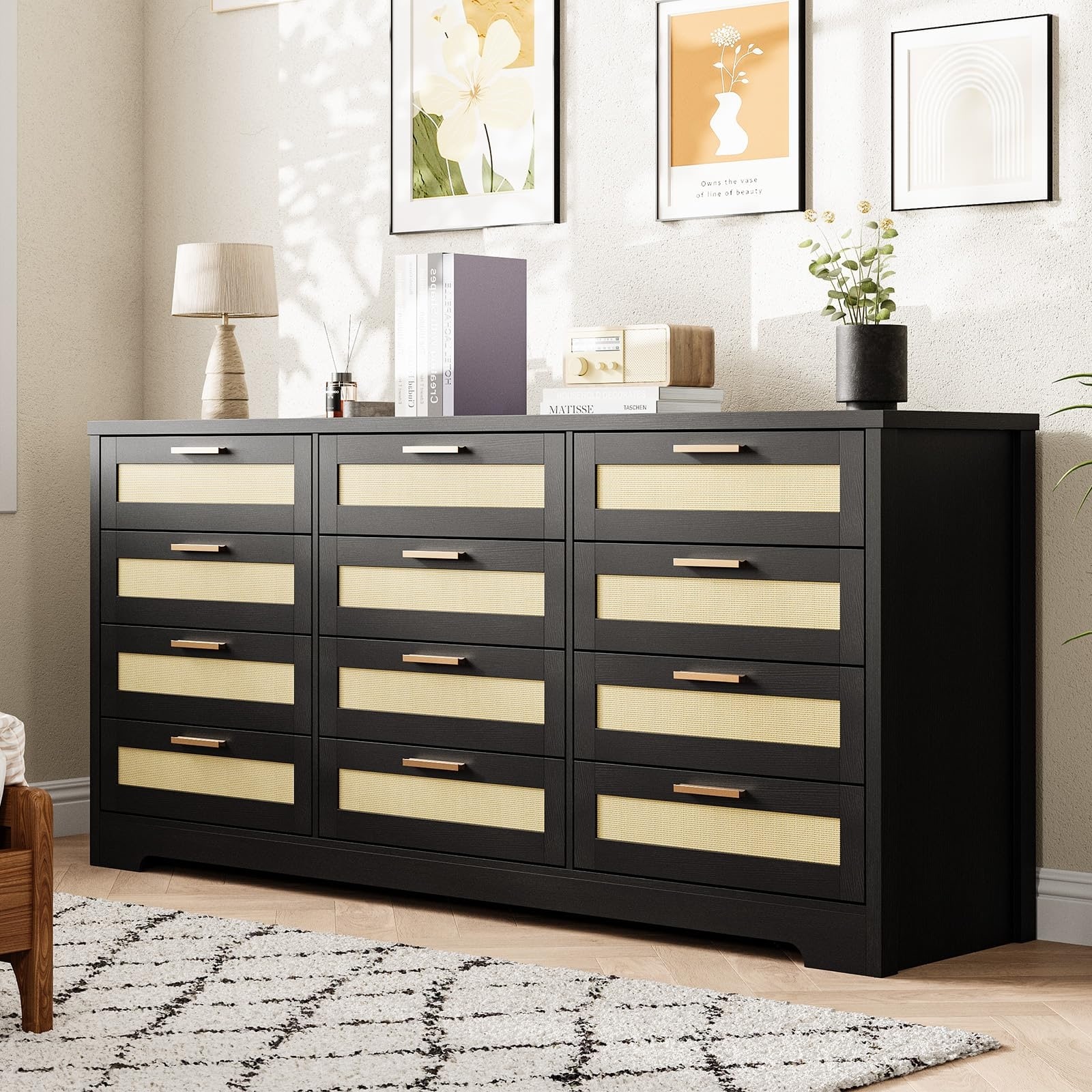 12 Drawer Rattan Dresser for Bedroom, Modern Farmhouse Wood Chest with Handles & Large Storage