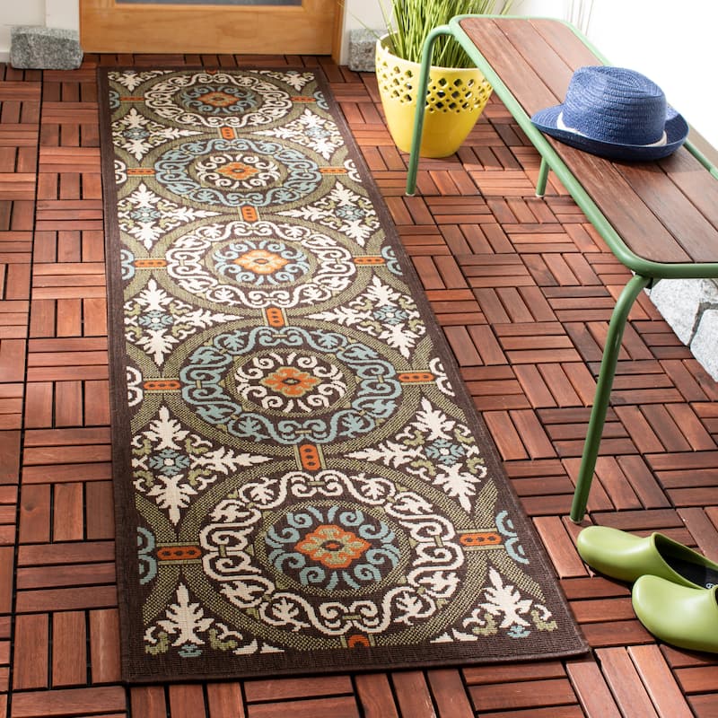 SAFAVIEH Veranda Rexhie Indoor/ Outdoor Waterproof Patio Backyard Rug - 2'3" x 12' Runner - Chocolate/Aqua