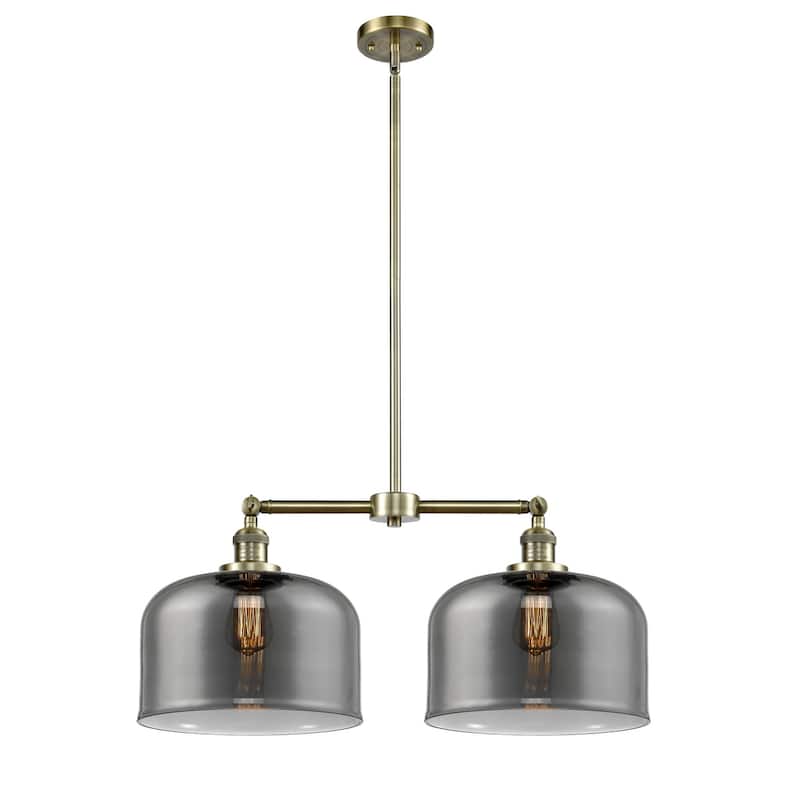 Innovations Lighting X-Large Bell 2 Light 21" Wide Linear Chandelier - Antique Brass / Plated Smoke