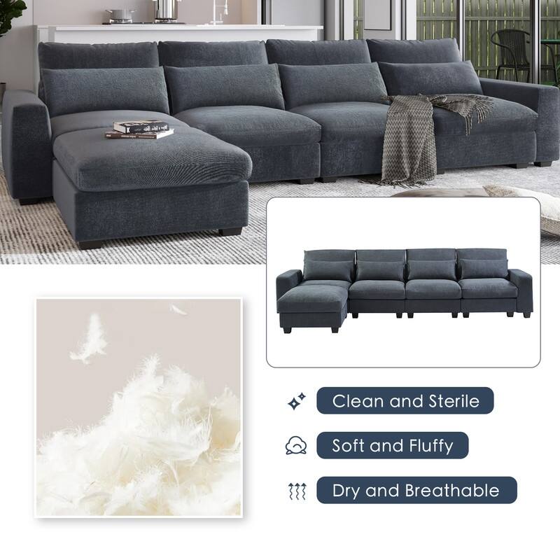Modern L-shaped feather-filled sectional sofa with reversible chaise longue